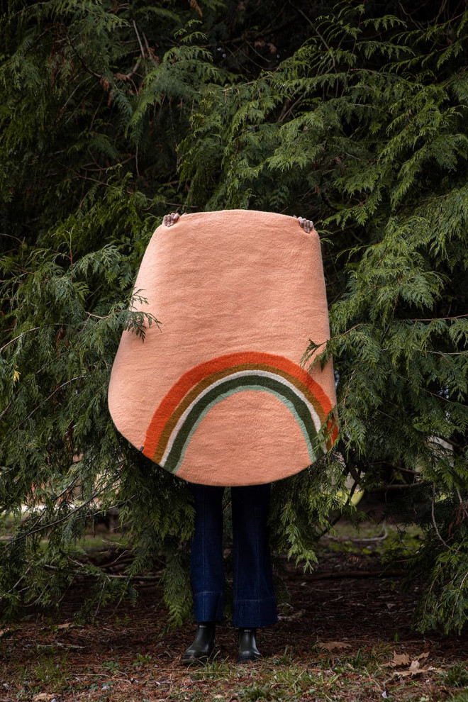 Round felted wool rainbow print rug for children