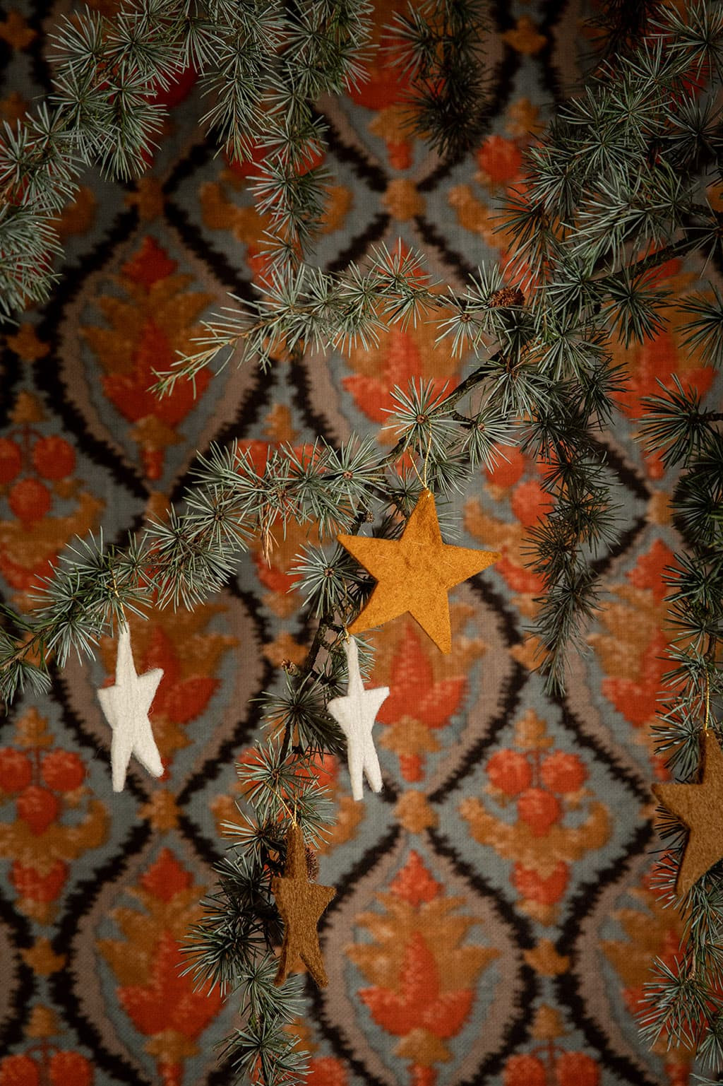 Petites étoiles artisanales en feutre suspendues à une branche de sapin