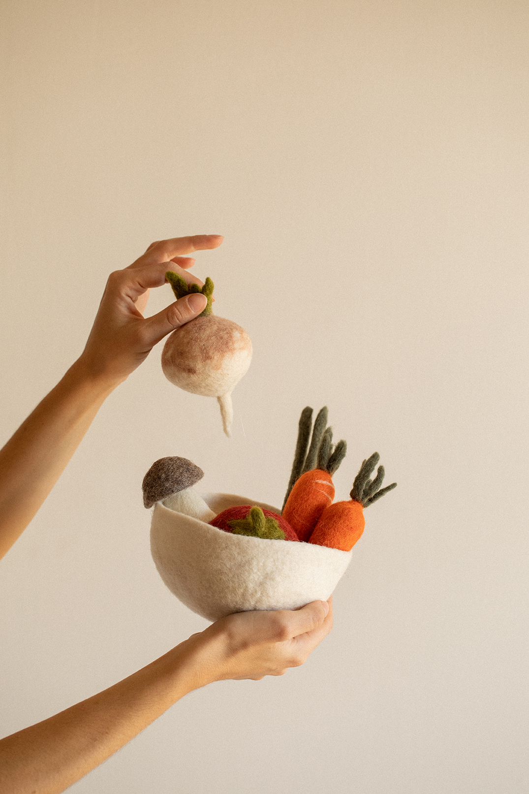 Fruits et légumes en feutre disposés dans un bol