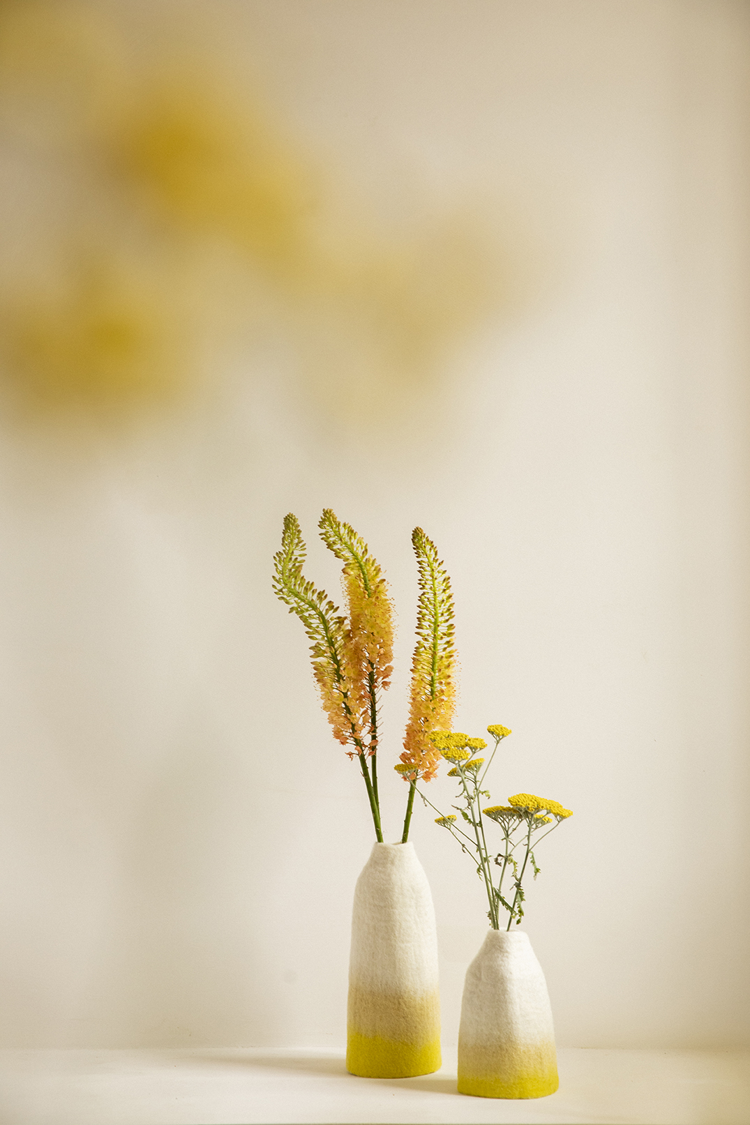 Dreifarbiges Übertopf-Duo aus Wollfilz, um Blumensträuße zu veredeln.