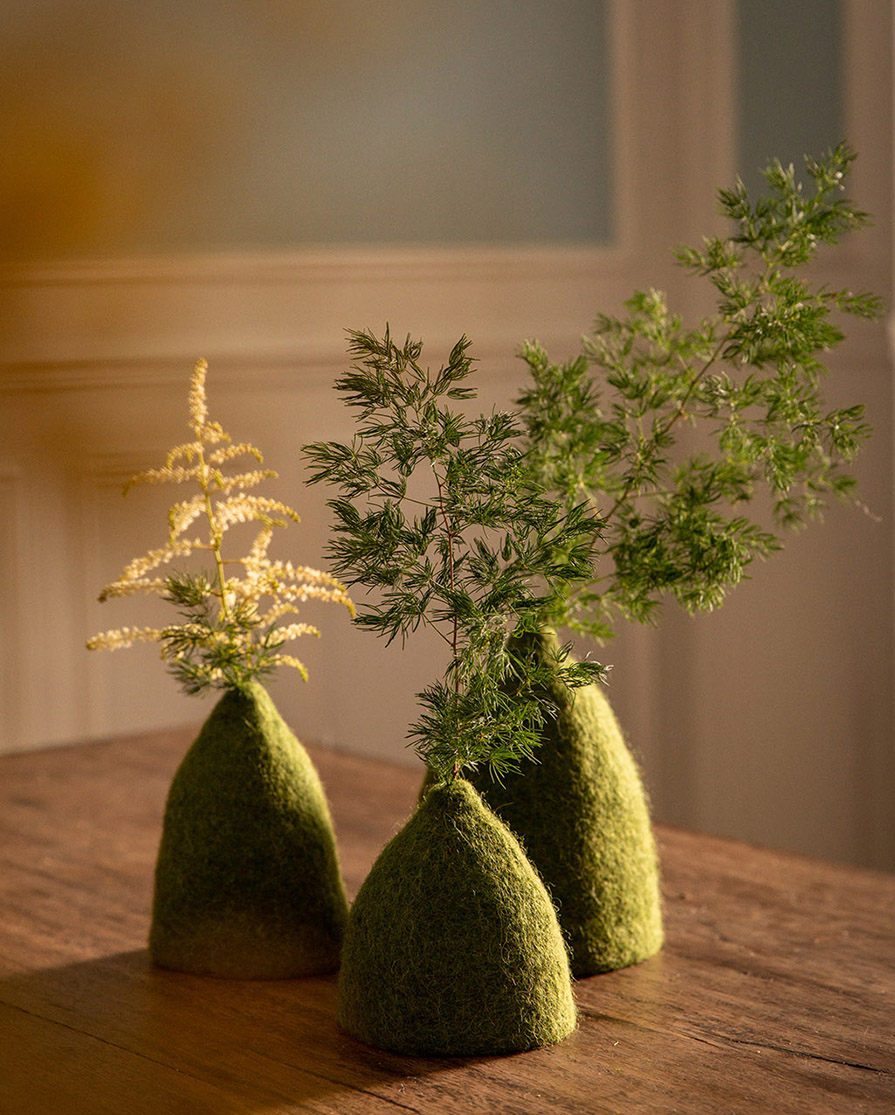 Trio de soliflores verts en laine bouillie